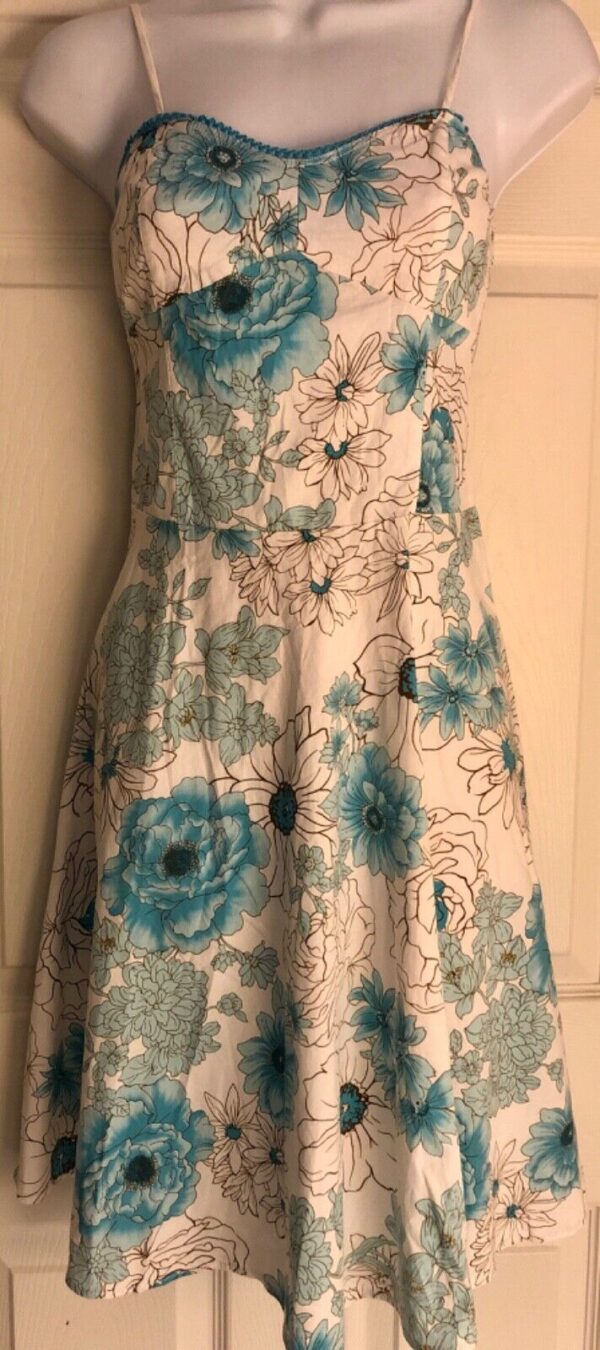 PIACE SUNDRESS LADIES MEDIUM WHITE TEAL FLORAL PRINT COTTON Sz M EUC!