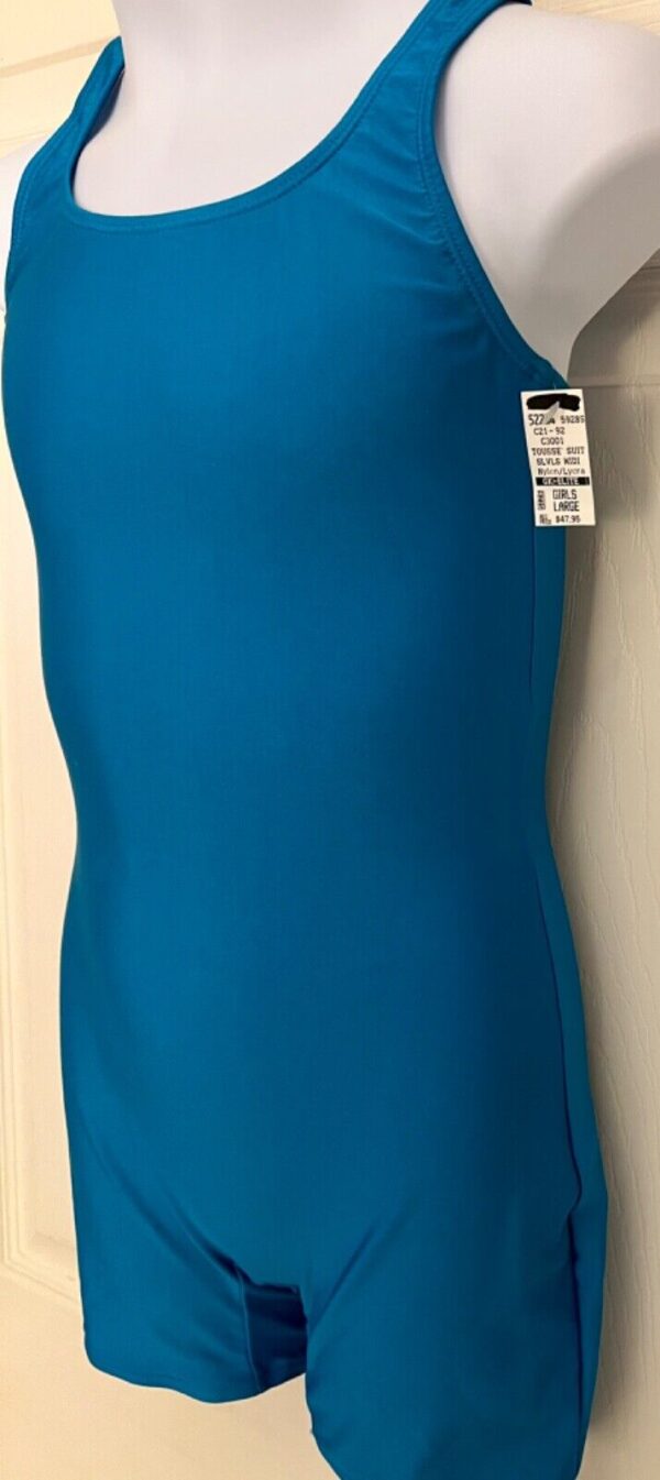 GK TOUSSE' SUIT BIKETARD GIRLS LARGE SLVLS BLUE NYLON/SPANDEX DANCE RUNNING Sz L - Image 3