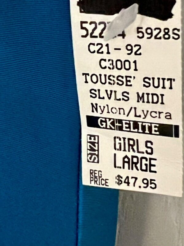 GK TOUSSE' SUIT BIKETARD GIRLS LARGE SLVLS BLUE NYLON/SPANDEX DANCE RUNNING Sz L - Image 4