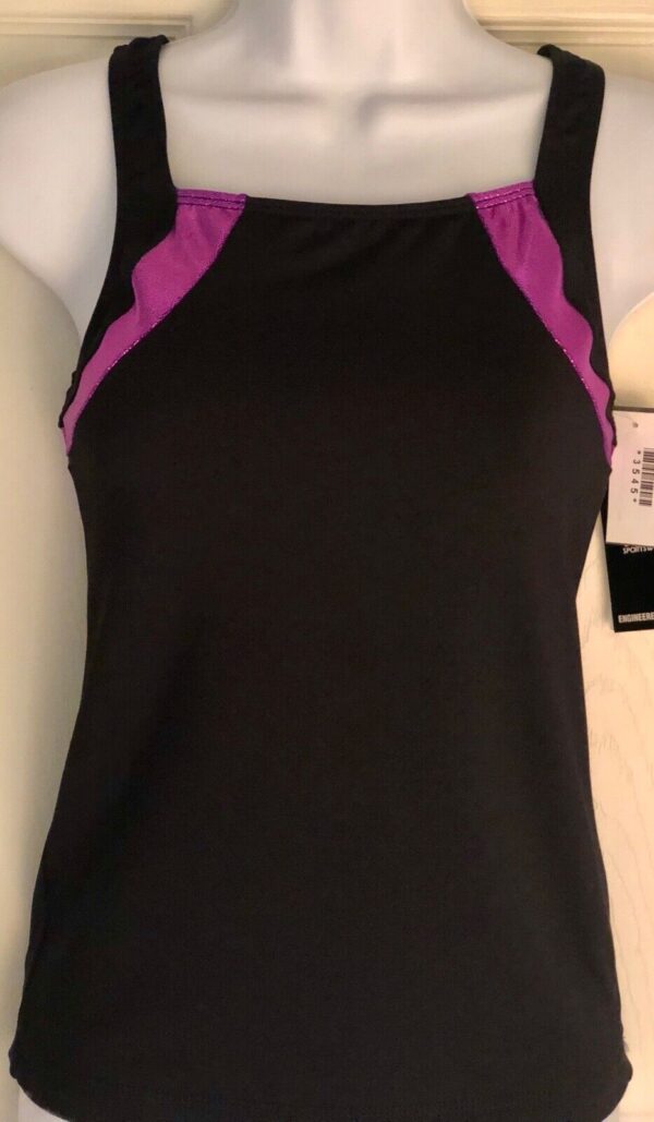 GK ELITE CHEER TOP ADULT MEDIUM TANK BACK TECHMESH BLACK NYLON PURPLE FOIL NWT!