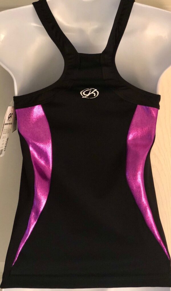 GK ELITE CHEER TOP ADULT MEDIUM TANK BACK TECHMESH BLACK NYLON PURPLE FOIL NWT! - Image 2