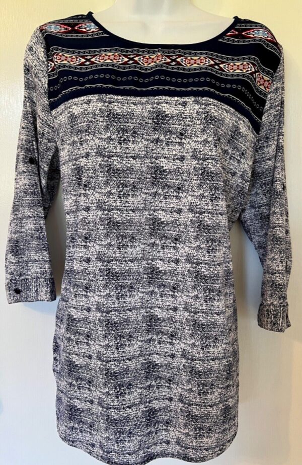 ANTILIA FEMME LADIES MEDIUM NAVY AZTEC PRINT 3/4 SLV BOHO TOP Sz M