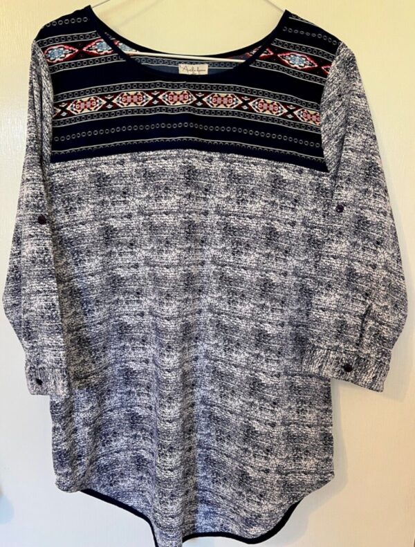 ANTILIA FEMME LADIES MEDIUM NAVY AZTEC PRINT 3/4 SLV BOHO TOP Sz M - Image 7