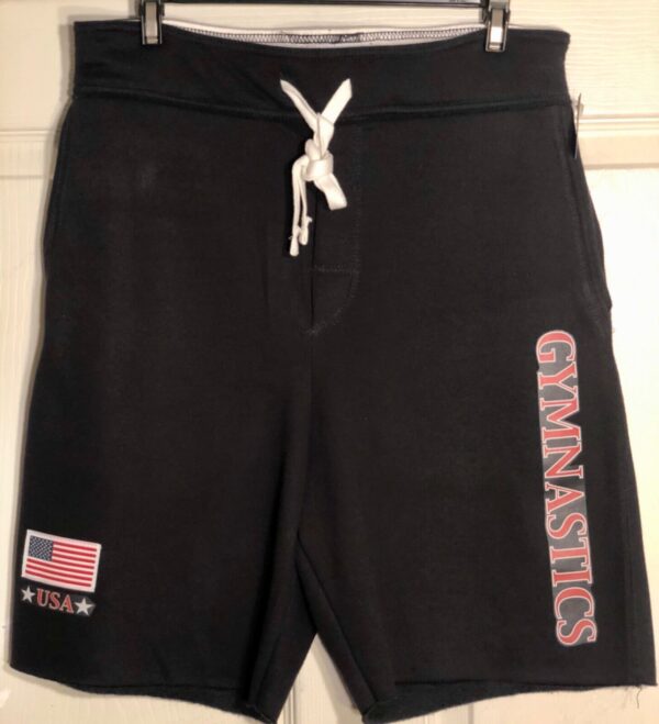 GK CALHOUN YOUTH LARGE BLACK FLEECE 50/50 GYMNASTICS USA GRAPHICS SHORTS AL NWT!