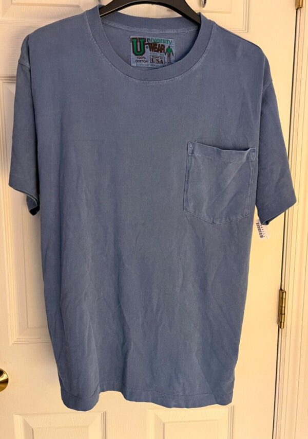 VTG UNIVERSITY WEAR MENS MED FADED BLUE HVY WT COTTON POCKET TEE NO SHRINK Sz M