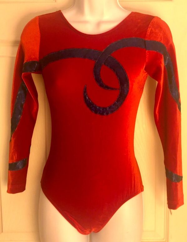 GK LgSLV LADIES SMALL RED VELVET BLUE FOIL RIBBON GYMNASTICS DANCE LEOTARD Sz AS