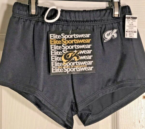 GK Elite BOYS SMALL COMPETITION SHORTS BLACK N/S GYMNASTIC RUNNING GYM Sz CS NWT