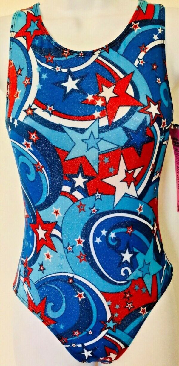 GK LEOTARD ADULT SMALL PATRIOTIC FOIL STAR PRINT RACERBACK GYMNASTICS DANCE AS