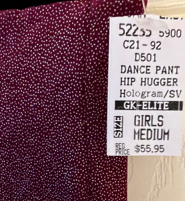 GK DANCE JAZZ PANTS CHILD MEDIUM BURGUNDY FOIL VELVET WAISTBAND HIP HUGGER Sz CM - Image 6