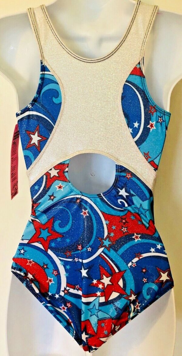 GK LEOTARD ADULT SMALL PATRIOTIC FOIL STAR PRINT RACERBACK GYMNASTICS DANCE AS - Image 2