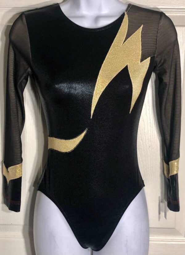 GK LONG SLEEVE ADULT SMALL BLACK MYSTIQUE GOLD FOIL MESH DANCE LEOTARD