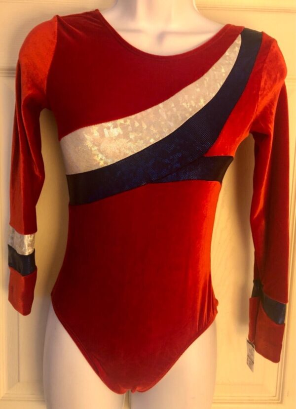 GK ADULT SMALL RED VELVET LgSLV BLUE WHITE FOIL GYMNASTICS DANCE LEOTARD Sz AS