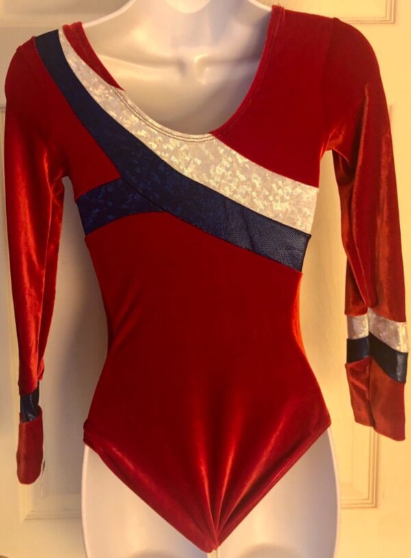 GK ADULT SMALL RED VELVET LgSLV BLUE WHITE FOIL GYMNASTICS DANCE LEOTARD Sz AS - Image 6