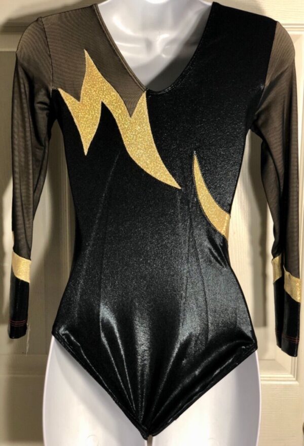 GK LONG SLEEVE ADULT SMALL BLACK MYSTIQUE GOLD FOIL MESH DANCE LEOTARD - Image 6