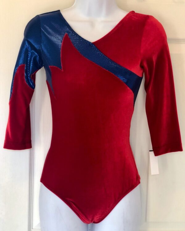 GK 3/4 SLV RED VELVET ADULT SMALL BLUE SHIMMER GYMNASTICS DANCE LEOTARD AS NWT