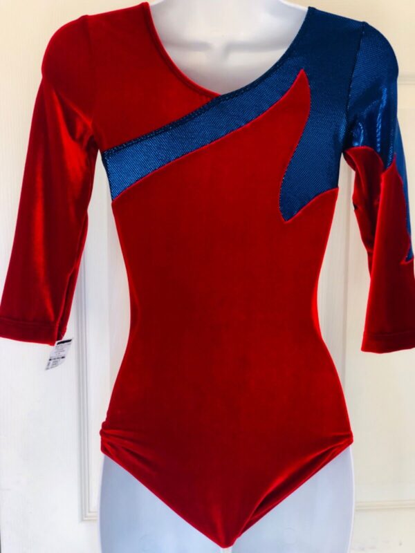 GK 3/4 SLV RED VELVET ADULT SMALL BLUE SHIMMER GYMNASTICS DANCE LEOTARD AS NWT - Image 3