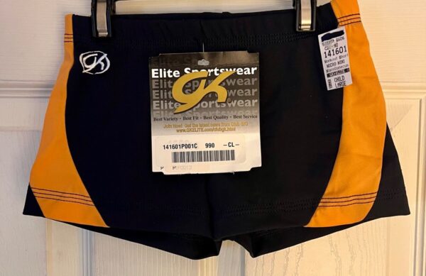 GK CHEER CHILD LARGE MICRO MINI BLACK NYLON/SPANDEX GOLD ATHLETE GYM SHORTS SZ L - Image 4