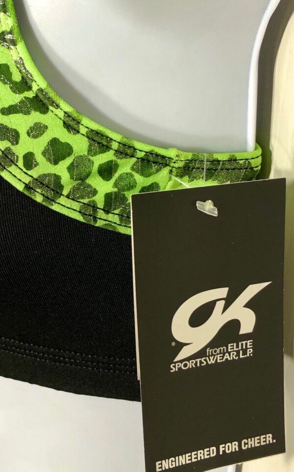 GK CHEER CROP TOP ADULT SMALL LIME ANIMAL PRINT V-BACK BLACK DRYTECH AS NWT! - Image 4