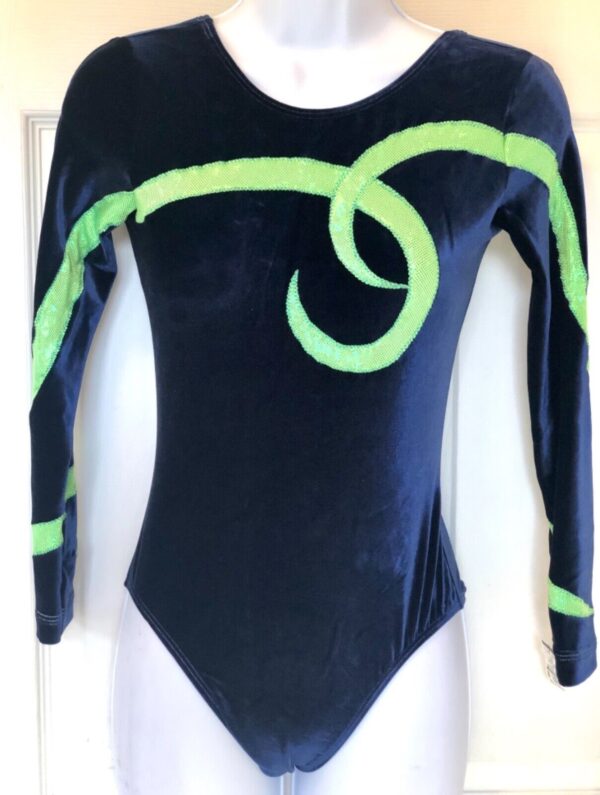 GK LONG SLEEVE LADIES SMALL SAPPHIRE VELVET LIME FOIL DANCE LEOTARD Sz AS