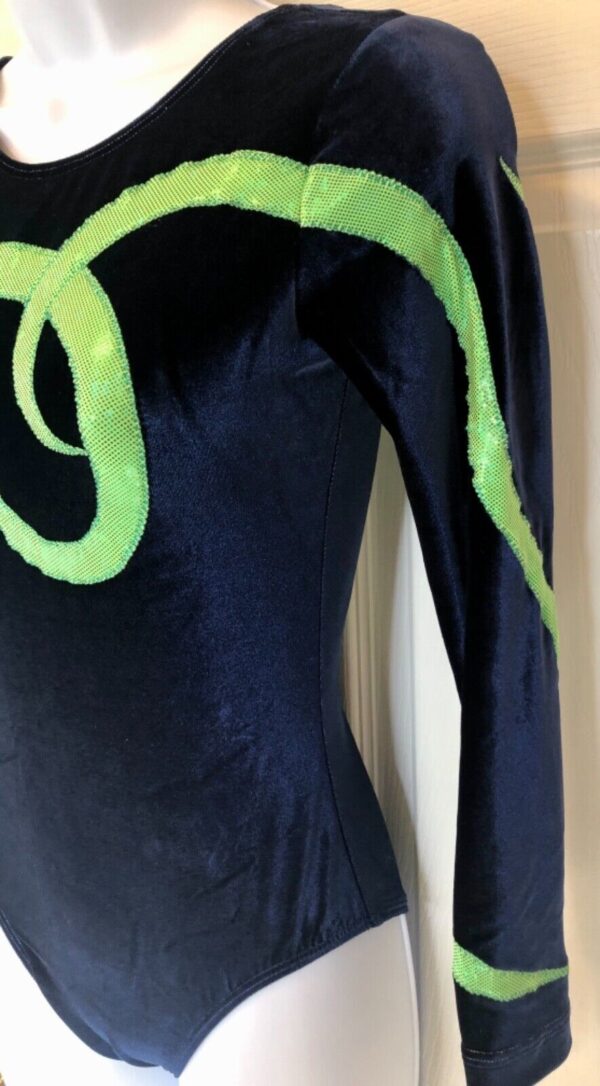 GK LONG SLEEVE LADIES SMALL SAPPHIRE VELVET LIME FOIL DANCE LEOTARD Sz AS - Image 4