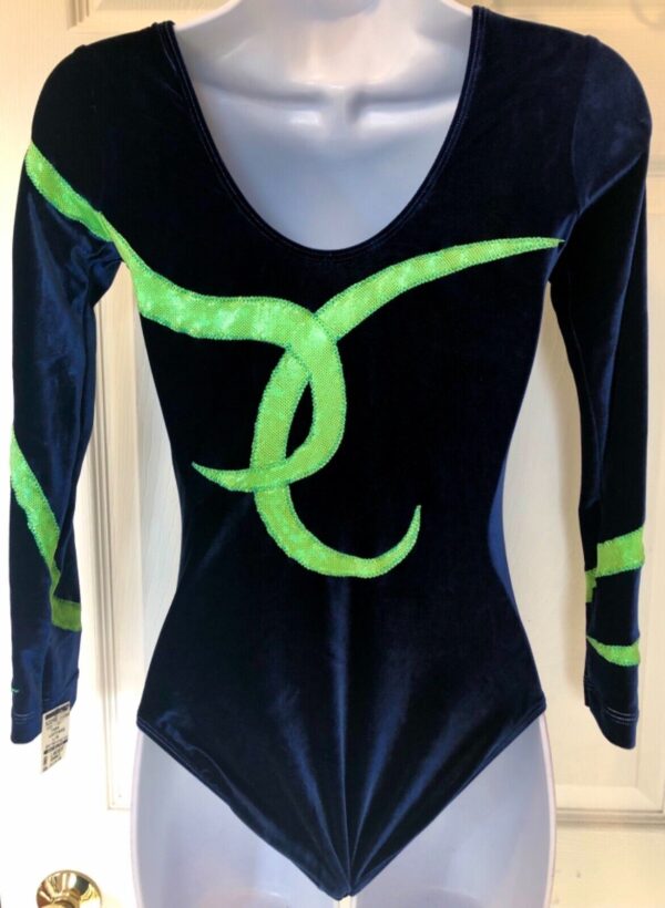 GK LONG SLEEVE LADIES SMALL SAPPHIRE VELVET LIME FOIL DANCE LEOTARD Sz AS - Image 5