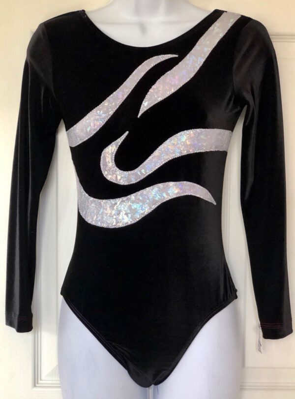 GK LgS BLACK VELVET LADIES SMALL WHITE SPARKLE GYMNASTICS DANCE LEOTARD AS NWT!