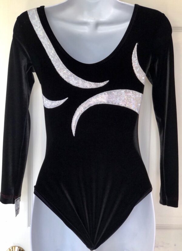 GK LgS BLACK VELVET LADIES SMALL WHITE SPARKLE GYMNASTICS DANCE LEOTARD AS NWT! - Image 2