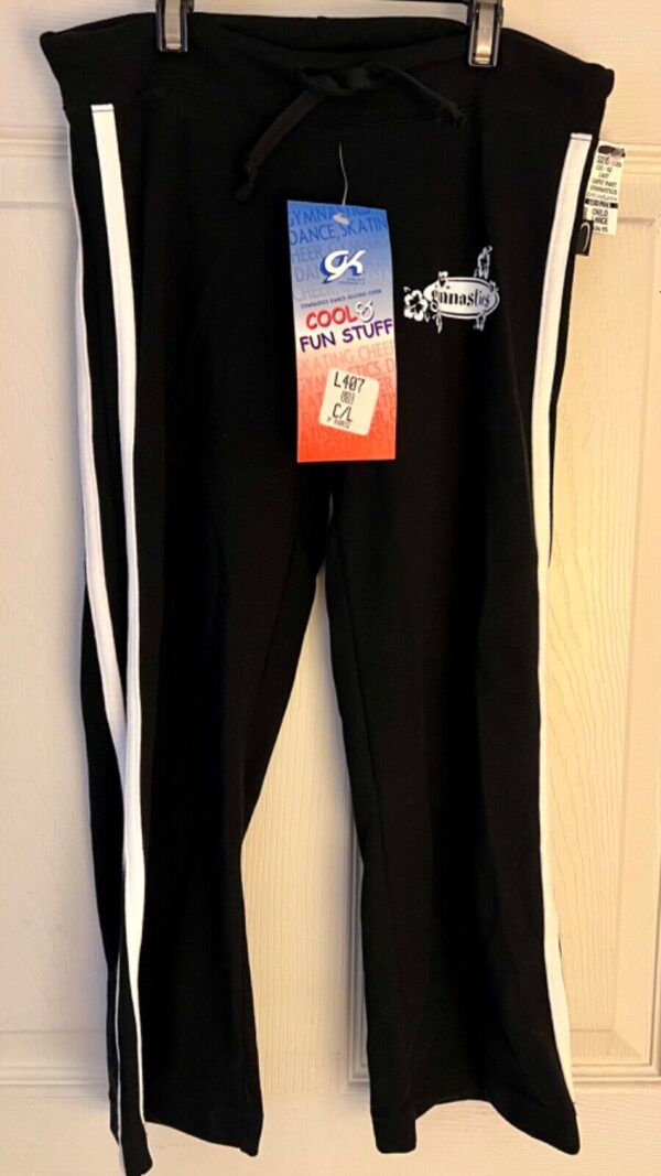 GK "GYMNASTICS" BLACK CAPRI PANTS GIRLS LARGE COTTON/SPANDEX WHITE TRIM SZ L NWT