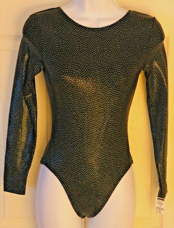 GK LgSLV LADIES SMALL BLACK JEWELS FOIL GYMNASTICS DANCE LEOTARD Sz AS NWT!