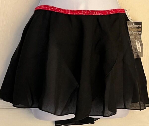 GK DANCE BALLET LADIES SMALL BLACK GEORGETTE FOIL WAIST FAUX WRAP SKIRT Sz S NWT