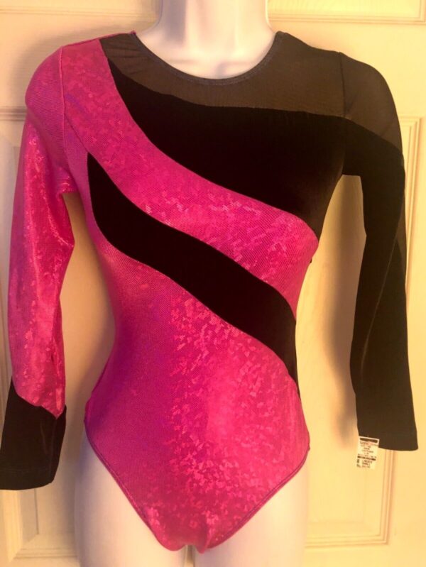 GK ADULT SMALL PINK FOIL LgSLV BLACK VELVET MESH GYMNASTICS DANCE LEOTARD Sz AS