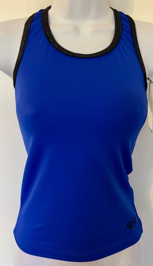 GK DANCE JAZZ ADULT X-SMALL BLUE NYLON BLACK FOIL TRIM CAMI SPORT TOP Sz AXS NWT