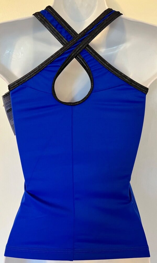 GK DANCE JAZZ ADULT X-SMALL BLUE NYLON BLACK FOIL TRIM CAMI SPORT TOP Sz AXS NWT - Image 6