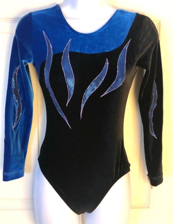 GK LONG SLEEVE LADIES SMALL ROYAL & BLACK VELVET FOIL DANCE LEOTARD Sz AS