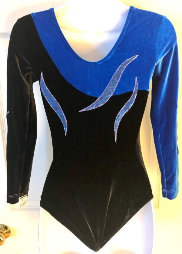 GK LONG SLEEVE LADIES SMALL ROYAL & BLACK VELVET FOIL DANCE LEOTARD Sz AS - Image 6