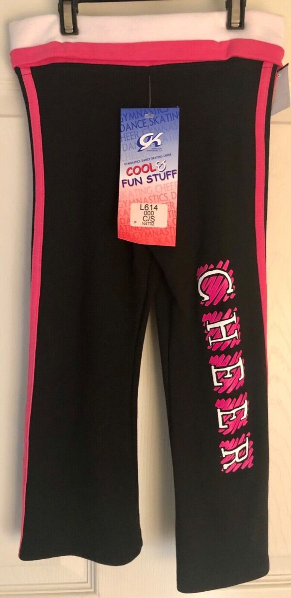 GK CHEER CAPRI PANTS SIZE GIRLS SMALL COTTON/SPANDEX PINK TRIM BLACK SZS NWT!