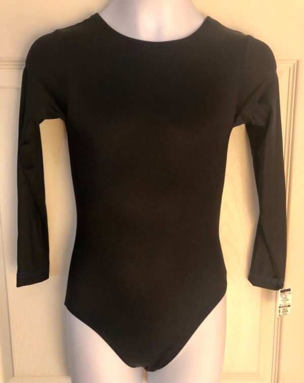 GK Elite GIRLS MEDIUM CLASSIC LgSLV BLACK NYLON/SPANDEX GYMNASTICS LEOTARD Sz CM