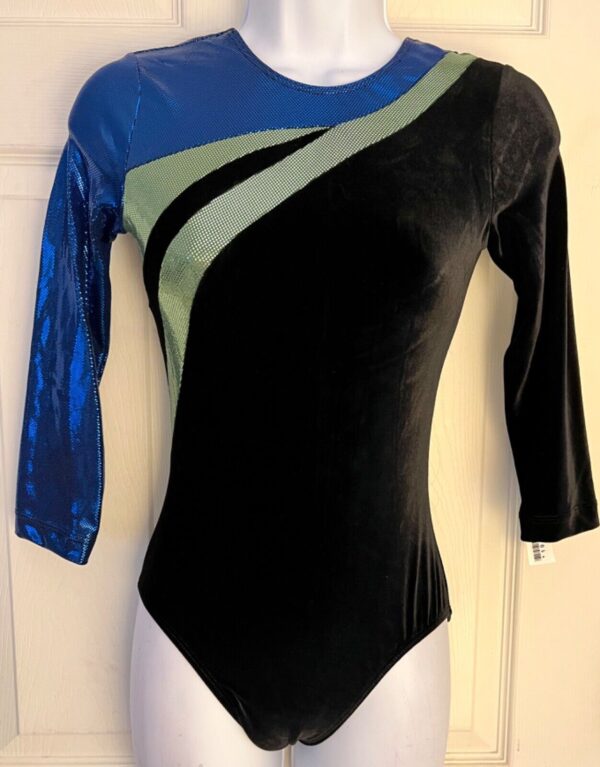 GK LgSLV BLUE GREEN SHIMMER ADULT SMALL BLACK VELVET GYMNASTS DANCE LEOTARD AS