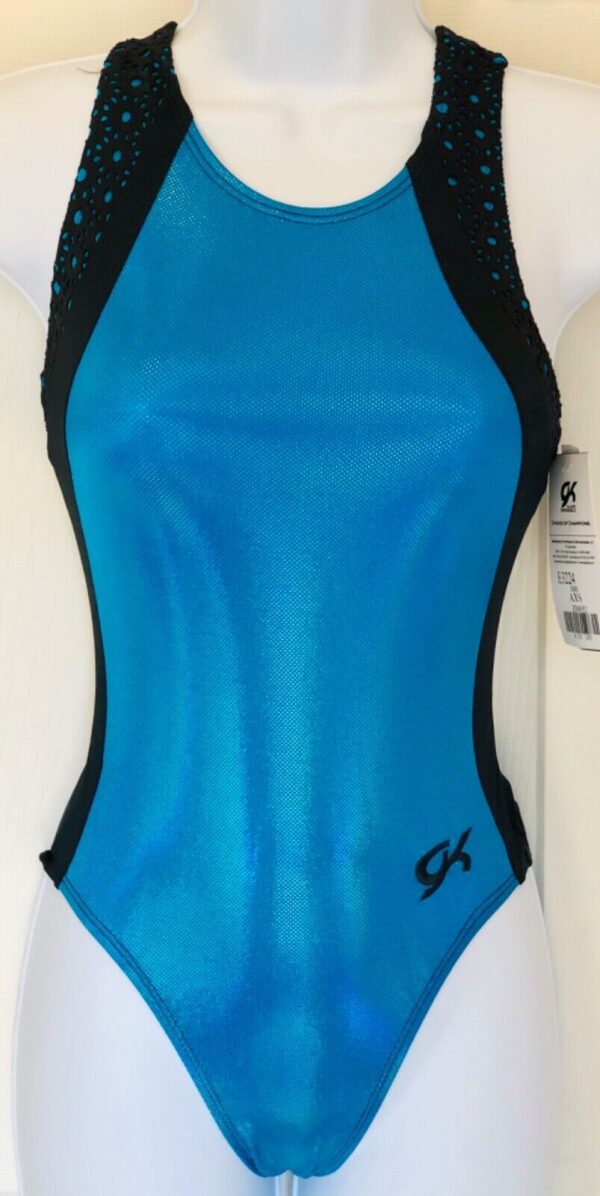 GK DANCING DOTS ADULT X-SMALL TURQUOISE LASER CUT GYMNASTIC TANK LEOTARD AXS NWT