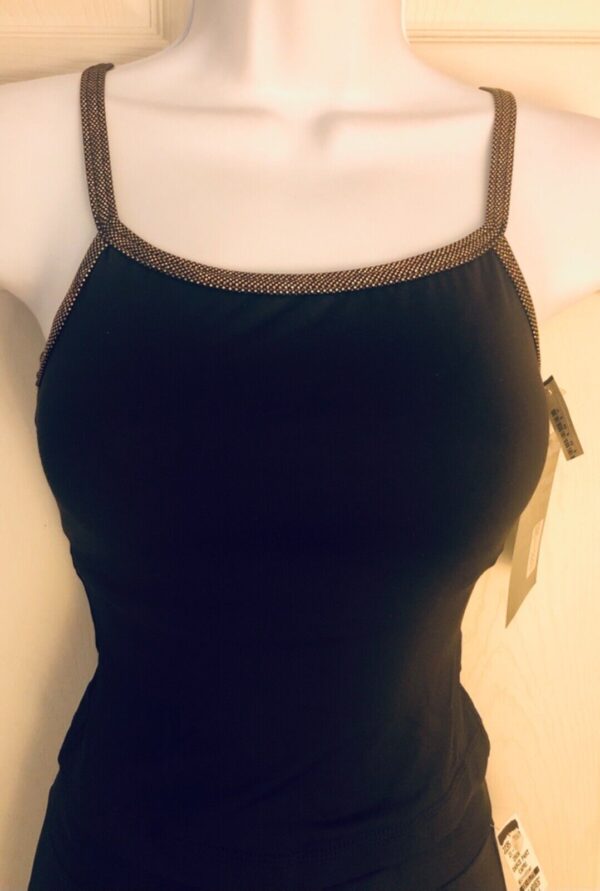 GK DANCE JAZZ LADIES SMALL BLACK MICROFIBER FOIL STRAPPY BACK CAMISOLE TOP Sz AS