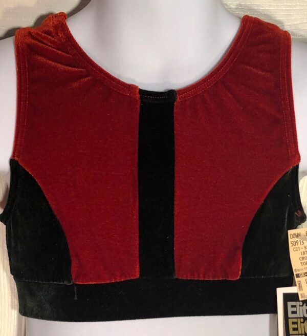 GK DANCE CHILD MEDIUM RED BLACK VELVET SLVLS CROP TOP CHEER GYMNASTSIC SZ M