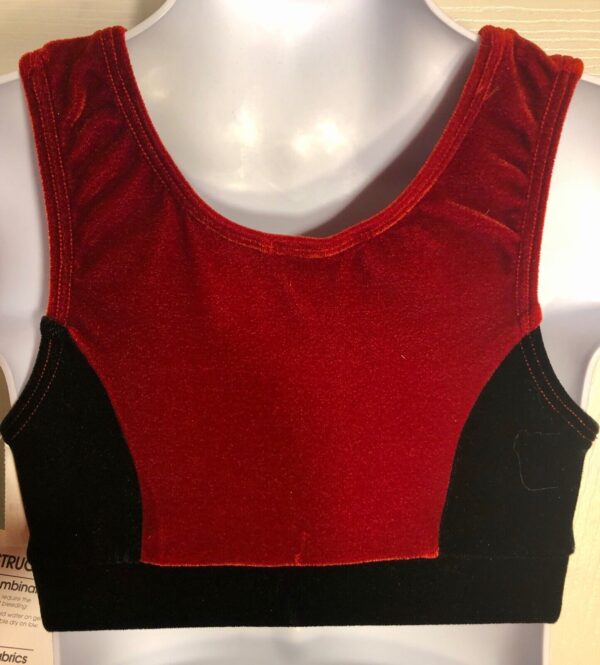 GK DANCE CHILD MEDIUM RED BLACK VELVET SLVLS CROP TOP CHEER GYMNASTSIC SZ M - Image 2