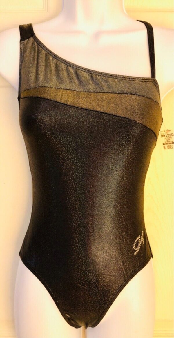 GK DANCE LADIES SMALL ASYM BLACK SPARKLE GOLD SILVER FOIL JAZZ LEOTARD Sz AS