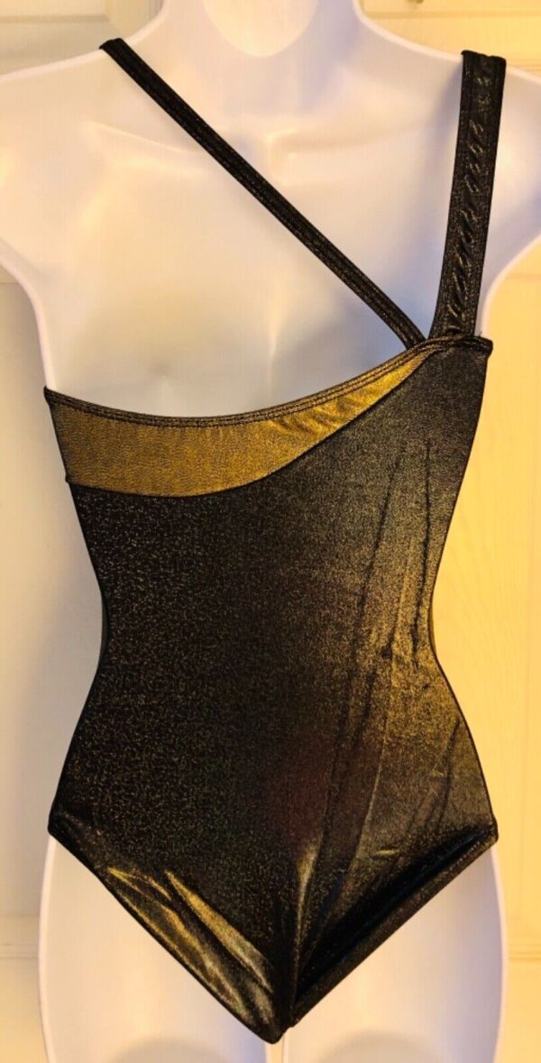 GK DANCE LADIES SMALL ASYM BLACK SPARKLE GOLD SILVER FOIL JAZZ LEOTARD Sz AS - Image 8