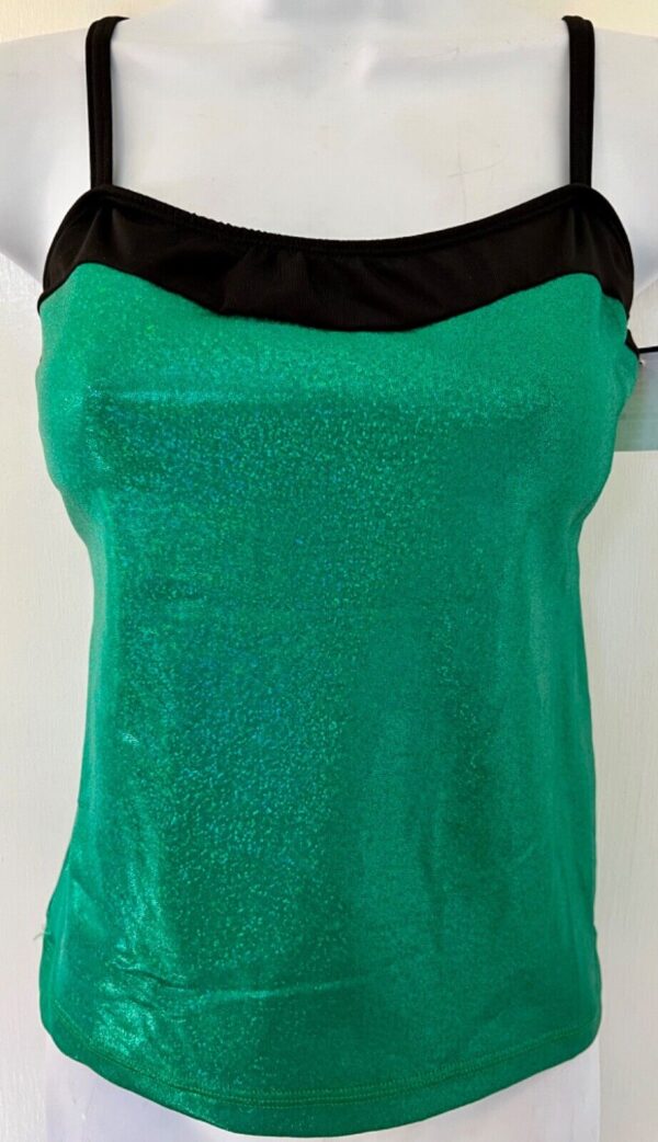 GK DANCE JAZZ CHEER LADIES SMALL GREEN SPARKLE BLACK TRIM CAMISOLE TOP Sz AS NWT