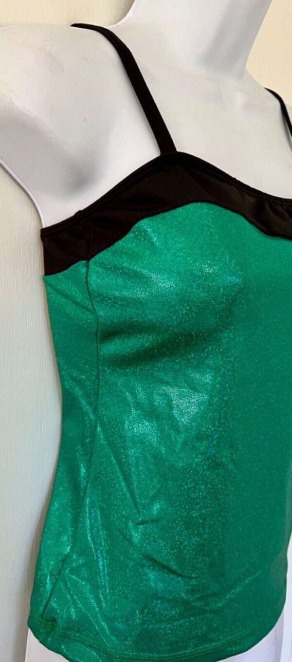 GK DANCE JAZZ CHEER LADIES SMALL GREEN SPARKLE BLACK TRIM CAMISOLE TOP Sz AS NWT - Image 2