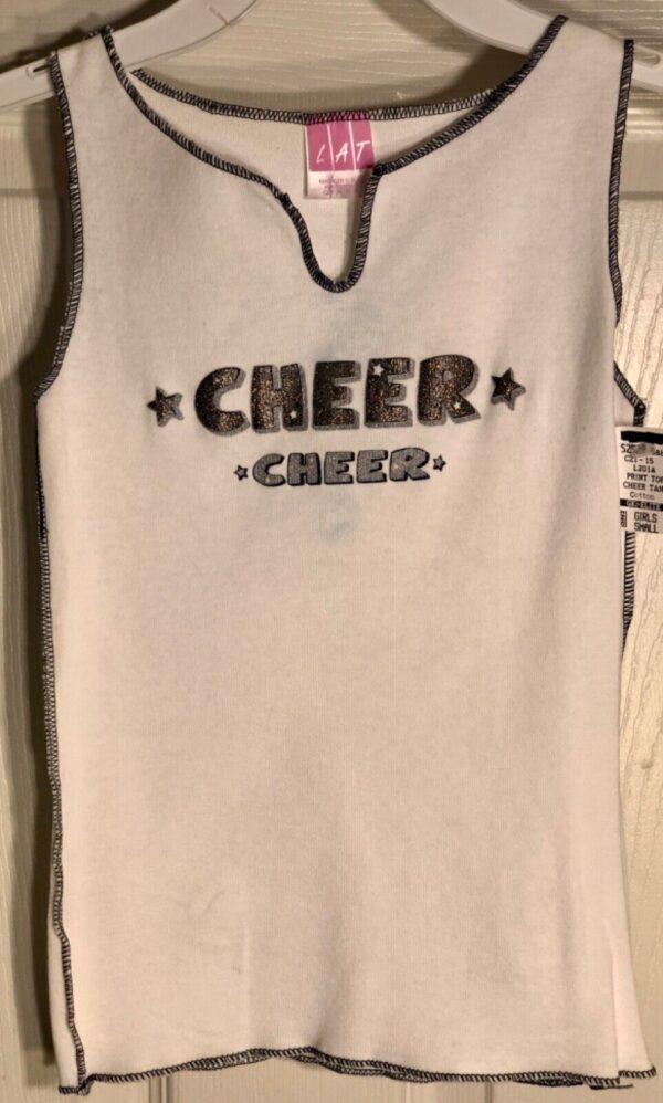 GK CHEER TANK TOP GIRLS SMALL WHITE COTTON GLITTER LETTER BLACK STITCH CS NWT!