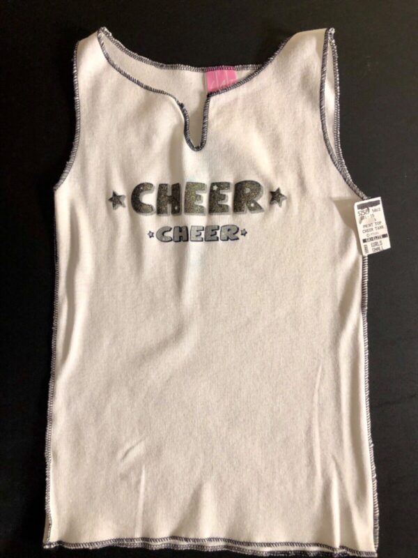 GK CHEER TANK TOP GIRLS SMALL WHITE COTTON GLITTER LETTER BLACK STITCH CS NWT! - Image 2