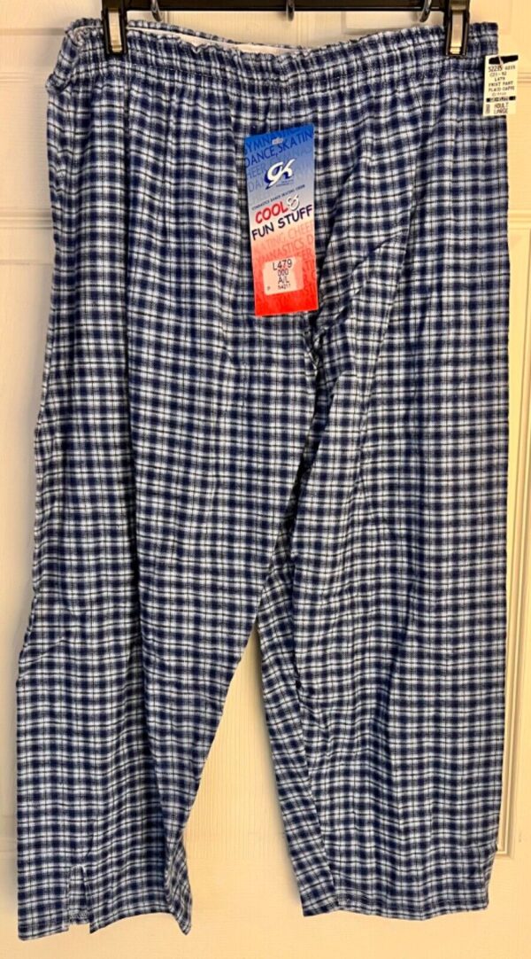 GK â€œGYMNASTSâ€ GRAPHIC ADULT LARGE BLUE COTTON PLAID FLANNEL LOUNGE CAPRI Sz L