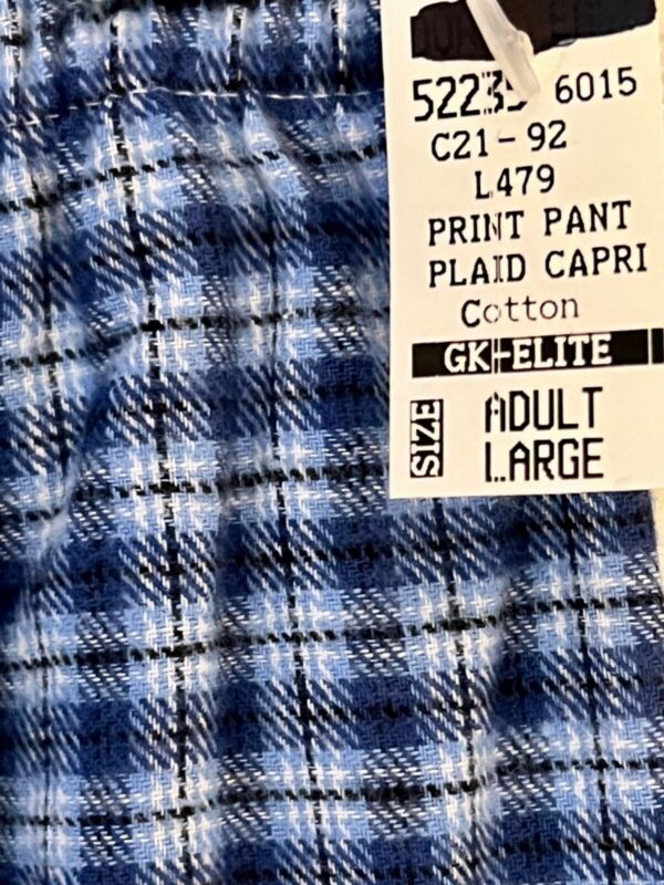 GK â€œGYMNASTSâ€ GRAPHIC ADULT LARGE BLUE COTTON PLAID FLANNEL LOUNGE CAPRI Sz L - Image 3